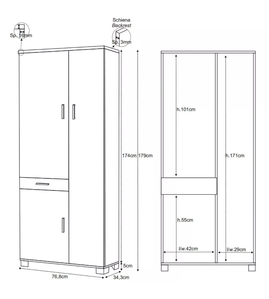 Mobile 3 ante e 1 cassetto olmo chiaro, 76,8x34,3x179 cm